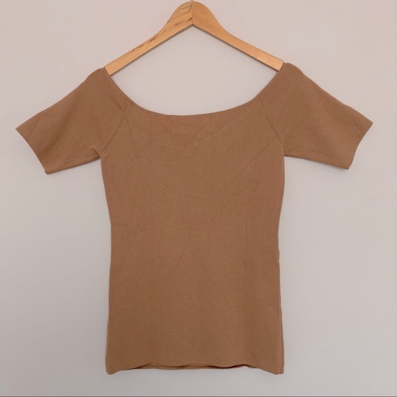 Casual Fitted Half Sleeves Off The Shoulder Knit Top Shirt in Tan Brown (S) - Picture 4 of 4